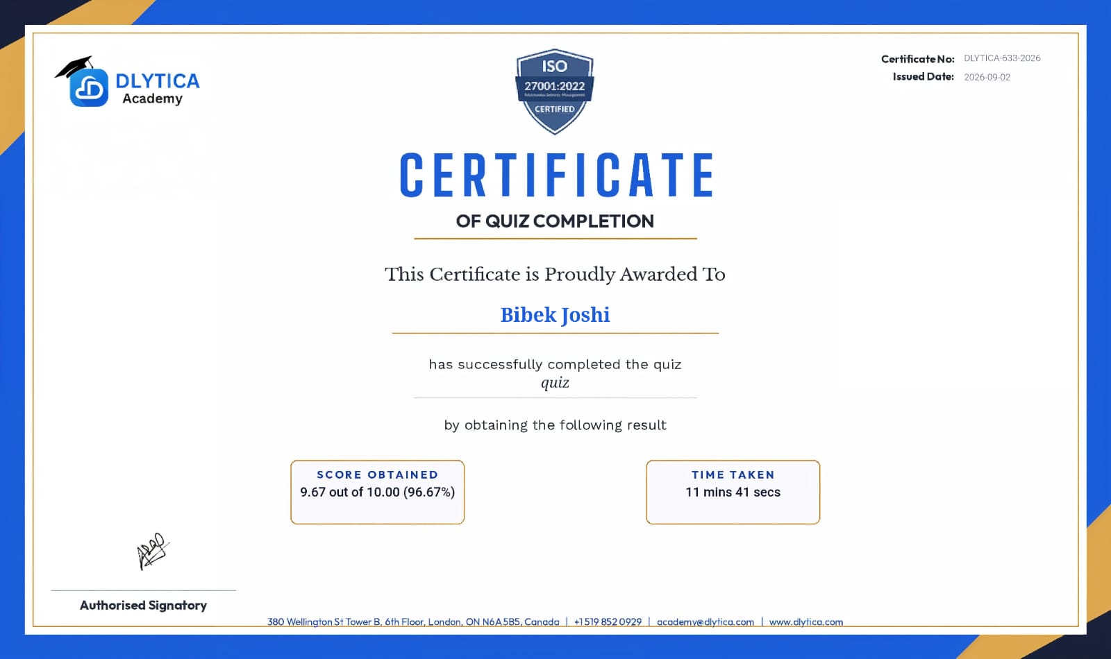 DLYTICA Quiz Certificate