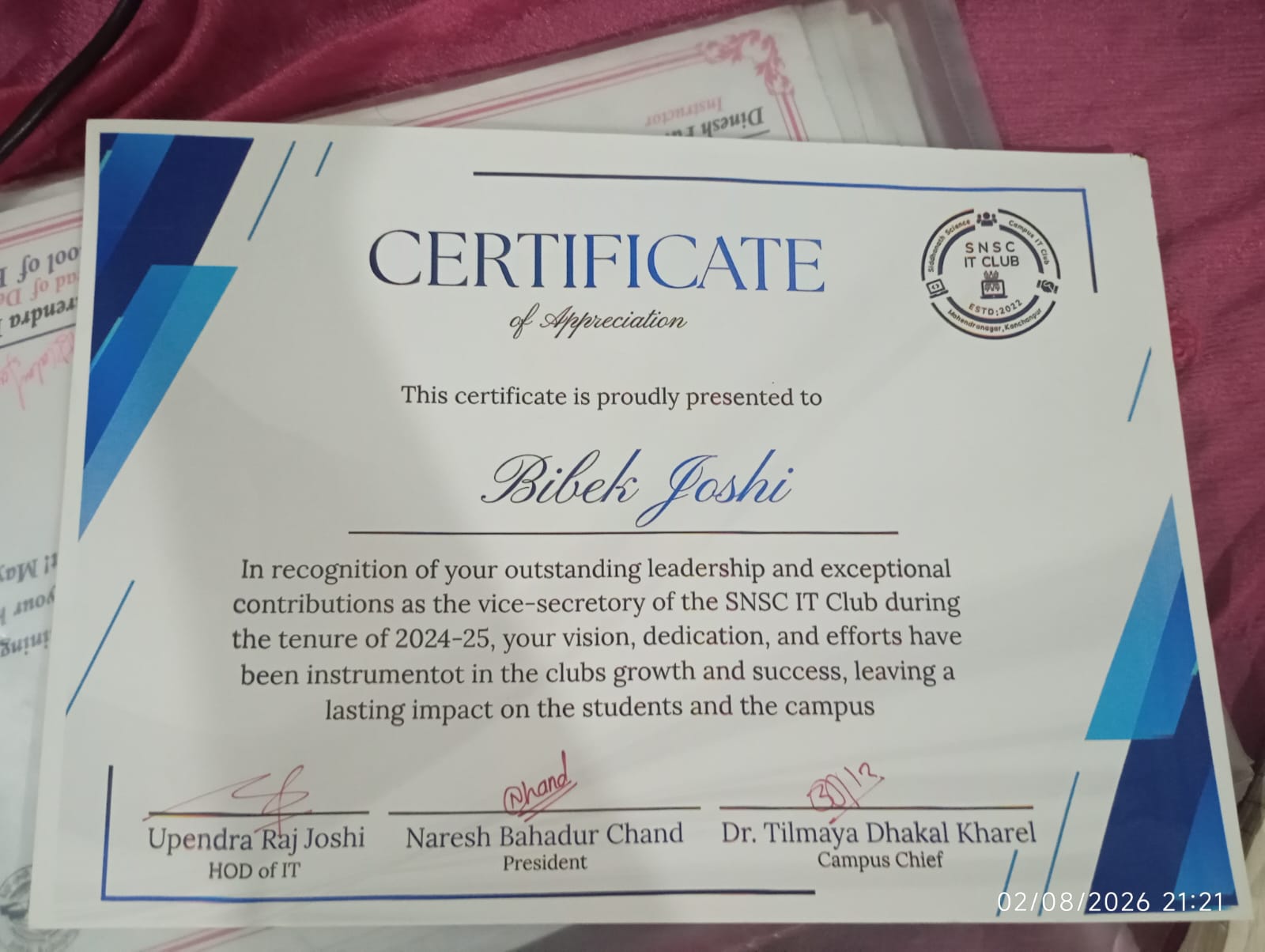 SNSC Appreciation Certificate
